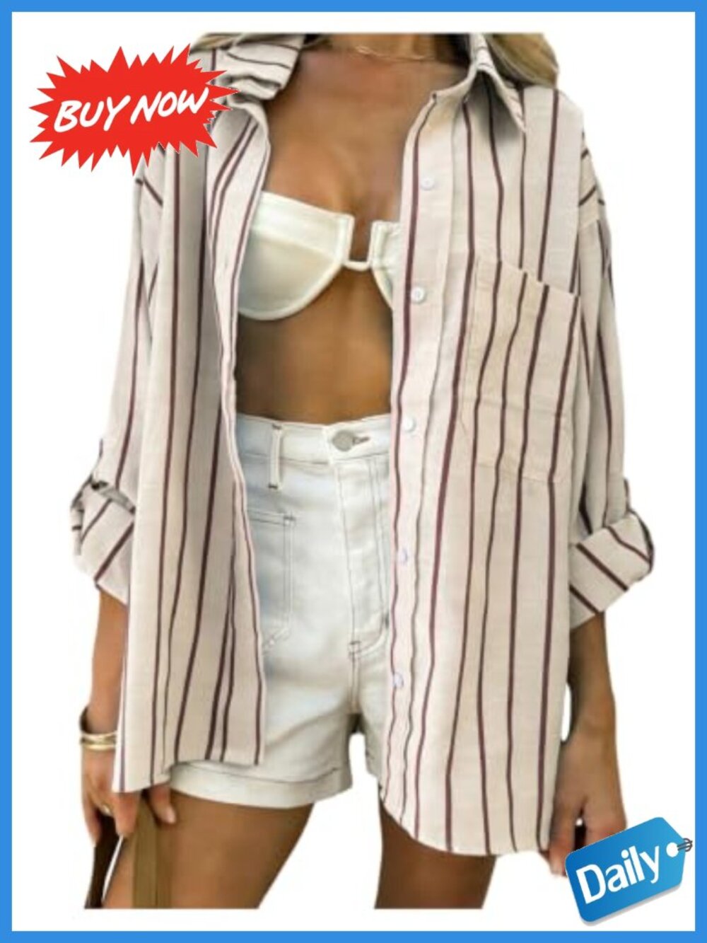 Oversized Striped Button Down Blouse Long Sleeve Drop Shoulder Top